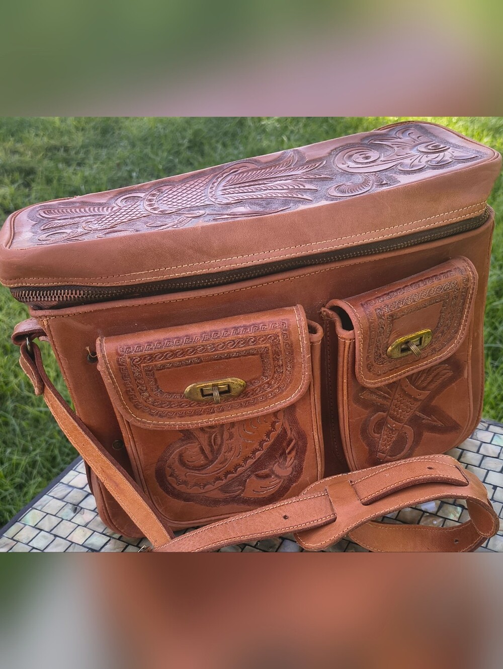 Hand-Tooled Brown Leather Camera Bag, Vintage 50s, Never Used, Mint Vintage